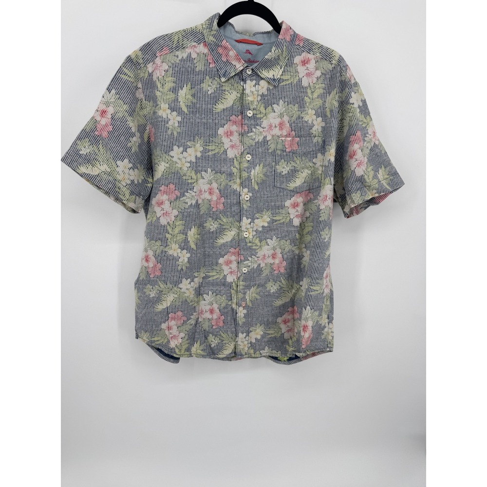 Tommy‎ Bahama Relax Mens XL Blue Striped Floral Tropical Short Sleeve Shirt - Picture 2 of 9